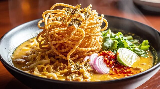 Khao Soi: A flavorful culinary creation featuring a rich, creamy broth, perfectly cooked egg noodles, and crispy noodles, garnished with fresh herbs and vibrant spices.