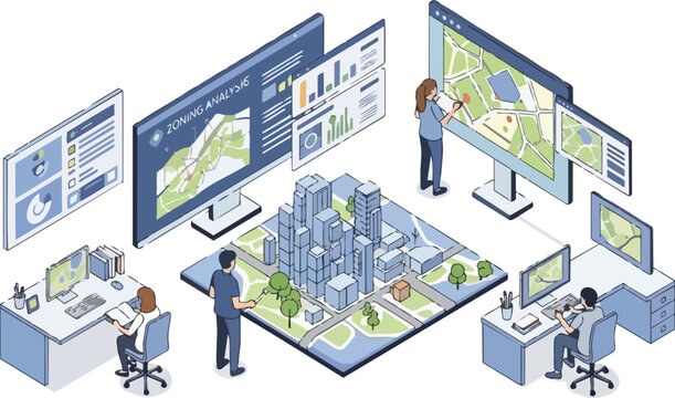 Isometric Illustration of Urban Planning Team Using GIS Data and 3D Models for Smart City Development and Zoning Analysis