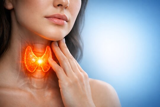 A woman touches her neck with a glowing thyroid gland highlighted in her throat