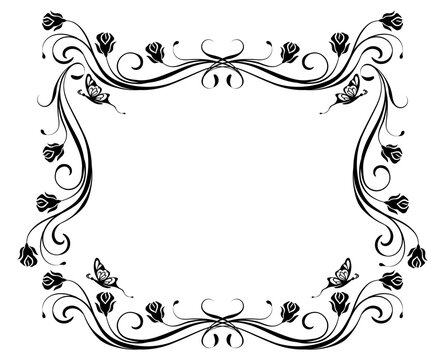 Floral ornament frame with butterflies and roses vintage decorative border. Graceful decorative element for decor and text greeting or invitation card design.