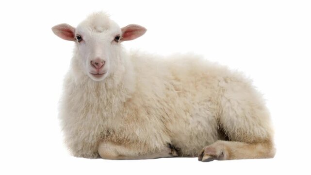Cute white lamb lying peacefully isolated on white background. Animated cinemagraph, parallax animation, based on an original photograph.