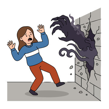 Terrified person facing a dark shadowy monster emerging from a wall.