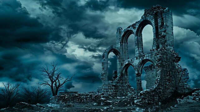 Atmospheric scene of stone ruins against a brooding sky with a bare tree