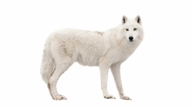 Majestic arctic white wolf standing isolated on white background. Animated cinemagraph, parallax animation, based on an original photograph.
