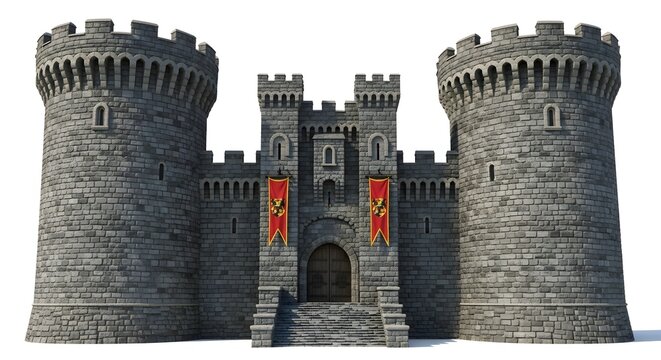 Imposing stone castle with twin round towers, battlement walls, and entrance gate, medieval fortress architecture, defensive stronghold