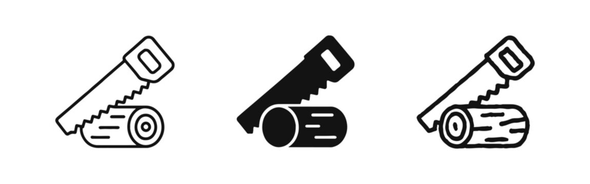Handsaw and log icon set for woodworking, carpentry, timber industry and manual labor concepts