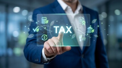 Fototapeta premium Corporate Executive Touching Environmental Tax Hologram Interface