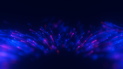 Closeup of Big data light speed flow outwards left bottom. Abstract digital data stream of quantum computing. Cyberspace of qubit trail waves. Modern tech information transmission. Ai neural network © garrykillian