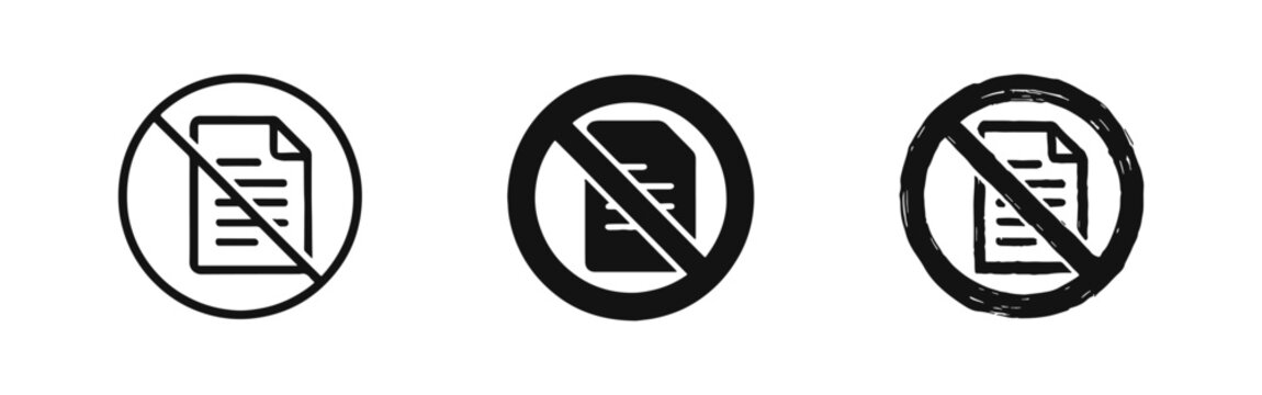 No document icon set showing prohibition symbol over paper file for paperless office and digital transformation concepts