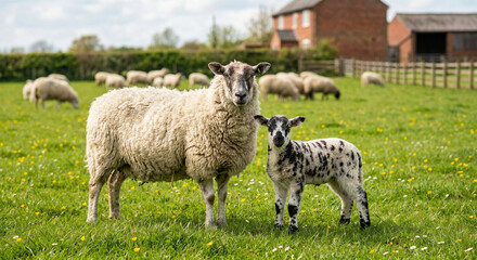 Fototapeta premium Ewe and spotted lamb standing in green pasture landscape