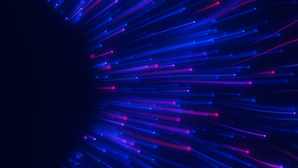 Fototapeta premium Closeup of Big data light speed flow outwards left side. Abstract digital data stream of quantum computing. Cyberspace of qubit trail waves. Modern tech information transmission. Ai neural network