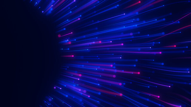 Closeup of Big data light speed flow outwards left side. Abstract digital data stream of quantum computing. Cyberspace of qubit trail waves. Modern tech information transmission. Ai neural network