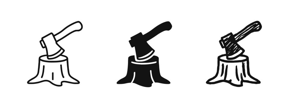 Axe in tree stump icon set in outline, solid, and hand-drawn styles. Deforestation and woodcutting concept.