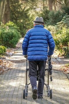 Senior l&auml;uft mit Rollator im Park