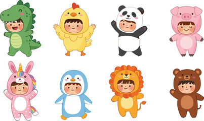 Fototapeta premium Cute Little Children In Animal Costumes Vector Set Featuring Dinosaur Chicken Panda Pig Unicorn Penguin Lion And Bear For Party And Fancy Dress Graphic Designs