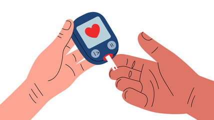Fototapeta premium Hands are shown with a blood glucose meter and a test strip, demonstrating the action of taking a blood sample.