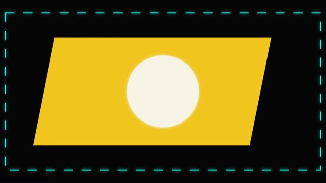 Abstract geometric background featuring a central white circle on orange parallelogram within dashed rectangular frame