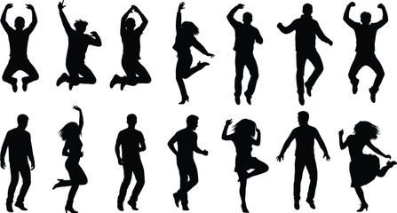 Fototapeta premium Dancing people silhouettes set jumping party poses men women isolated white background celebration energy vector illustration collection design