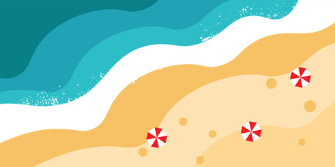 Fototapeta premium Peaceful top-down aerial view of a sandy beach featuring a red and white umbrella and foamy turquoise ocean waves lapping the shore. Vektor illustration eps 10