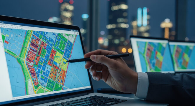 Young Hispanic GIS Specialist Analyzes Urban Cadastre Map 