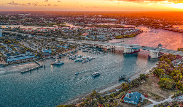 aerial view of Jupiter Inlet at sunset