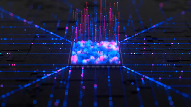 Closeup of Artificial intelligence microchip, central data processing unit on circuit board. Quantum computing core with data flow into and logic operations. Futuristic technology neural network.