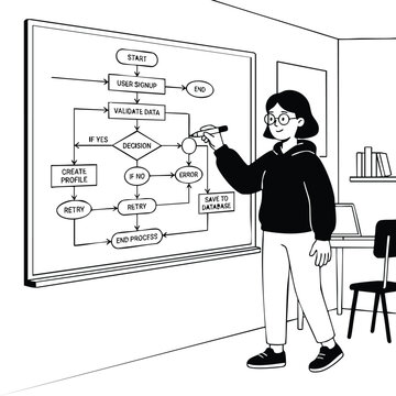 Woman drawing flowchart on whiteboard in classroom.