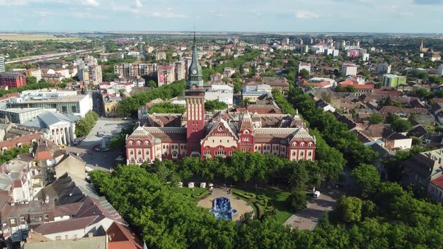 Drone moves forward to reveal an aerial view of Art Nouveau architecture of central Subotica, northern Serbia.