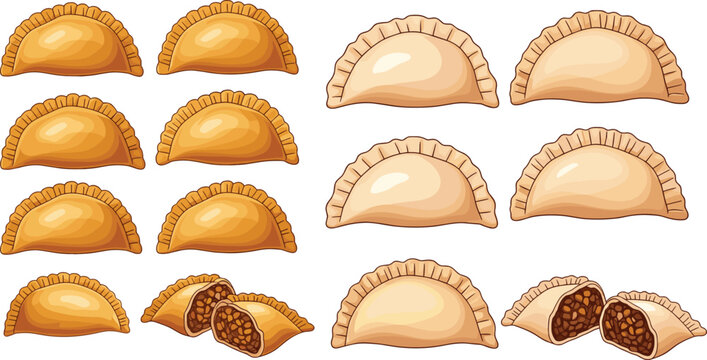 Empanadas and pastry collection vector illustration with baked and fried stuffed pies, delicious snack set for food design, street food and bakery themes