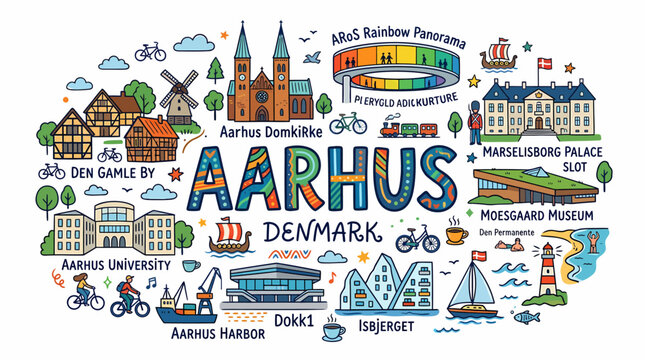 Aarhus Denmark Cityscape Illustration with Landmarks