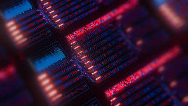 Top view on big data flow visualization of binary neural network learning process. Quantum computing of artificial intelligence. Futuristic digital ai server technology algorithm of data stream.