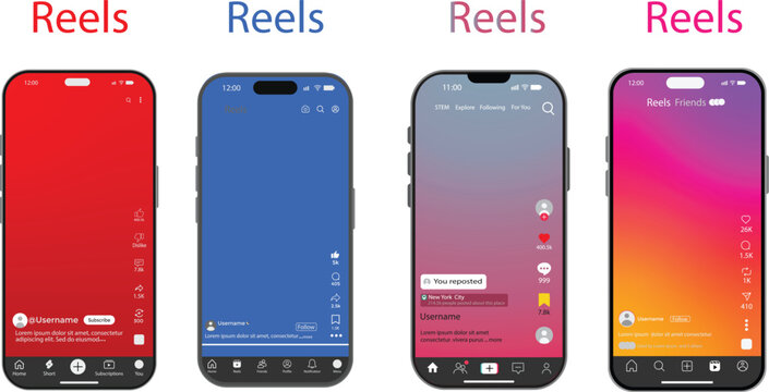 Facebook YouTube TikTok Instagram content formats showing post reels story video short with smartphone. Notifications, Explore, Likes, Comments, Shares. instagram and youtube mockup social media templ