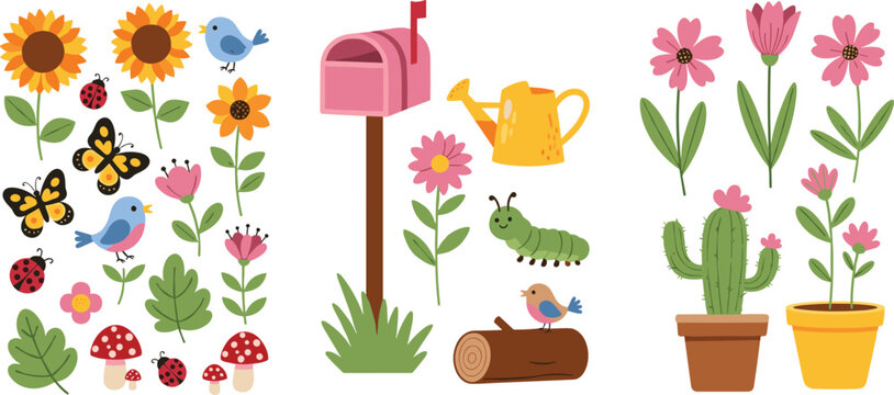 Garden elements collection vector illustration with flowers, birds, insects and plants, colorful nature set for spring design, gardening themes and outdoor projects