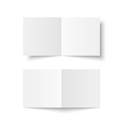 Fototapeta premium Vector white blank square bi fold opened on white background. Bifold, leaflet, brochure, booklet, flyer or invitation card mockup. Mock up front and back side isolated