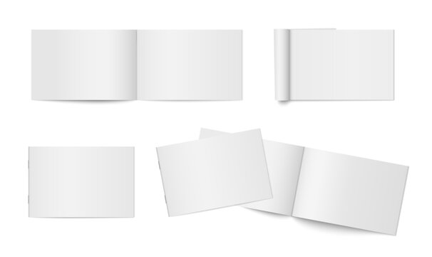 Vector mockup of paperback horizontal magazine with white cover isolated. Set of realistic softcover notebook, brochure or booklet template opened and closed on white background.