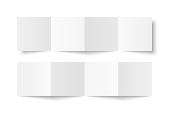 Vector white blank square four panel accordion fold opened on white background. Concertina fold, leaflet, brochure, booklet, flyer or invitation card mockup. Mock up front and back side isolated.