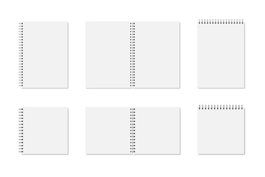 Set of white realistic notebook opened and closed with soft shadows. Vector vertical and square blank copybook with silver metallic binding spiral on white background. Mockup of organizer isolated