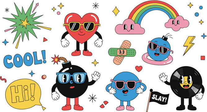 Set of 9 Colorful Pop Art Characters Featuring Sunglasses, Cool Phrases, and Fun Icons for Trendy Designs