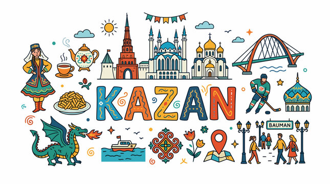 Kazan City Landmarks and Culture Doodle Art