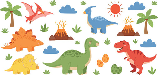 Colorful Dinosaur Set with Pterodactyl, Stegosaurus, Triceratops, Volcano, and Dinosaur Eggs for Kids' Illustrations © MdRezaul