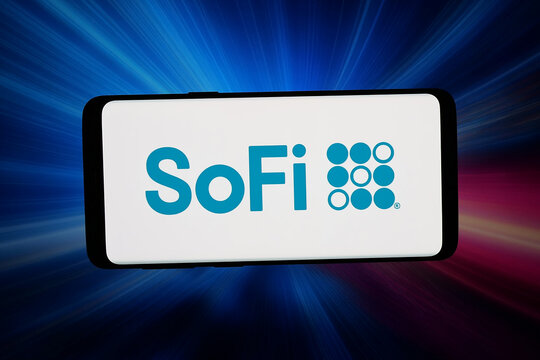 Stuttgart, Germany - 04-02-2026: In this photo illustration, the logo of US fintech company SoFi Technologies Inc. is displayed on a smartphone in front of abstract background on computer screen.