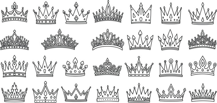 Set of 24 Hand-Drawn Crown Illustrations Featuring Royal, Elegant, and Decorative Designs for Vector Graphics