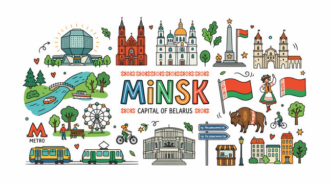 Minsk Capital of Belarus: Cityscape Illustration, Landmarks, Icons