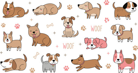 Fototapeta premium Cute Cartoon Dog Icon Set Featuring Various Breeds, Paws, Bones, and 