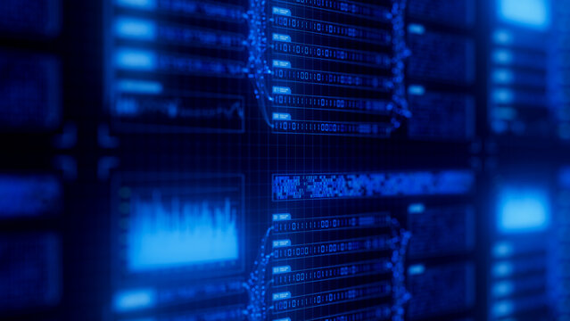 Abstract blue big data flow visualization of binary neural network learning process. Quantum computing of artificial intelligence. Futuristic digital ai technology algorithm of data stream.
