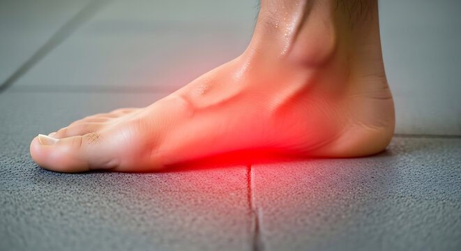 Painful foot arch highlighted in red, symbolizing discomfort, inflammation, or a medical condition like plantar fasciitis.