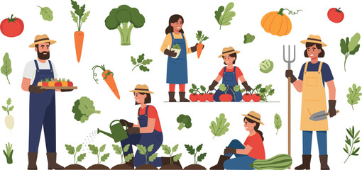 Fototapeta premium Set of 7 Gardening Illustrations Featuring Farmers, Vegetables, and Harvesting Activities for Nature and Agriculture Designs