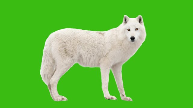 Majestic arctic white wolf standing on green screen chroma key. Animated cinemagraph, parallax animation, based on an original photograph.