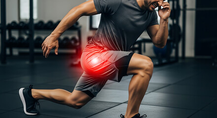 Fototapeta na wymiar Man with hip pain during lunge exercise in gym. Gluteal muscle or hip joint injury, highlighted in red. Fitness workout discomfort.