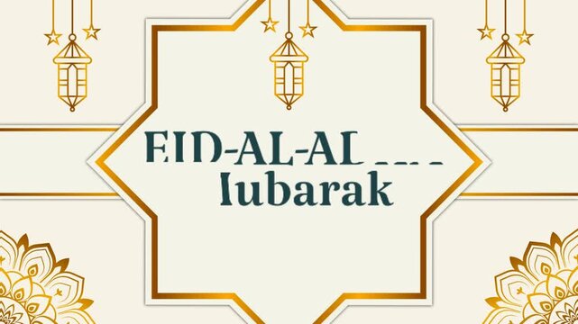 Animated Gold Frame Eid Al Adha Mubarak Text Background Video, Elegant Arabic Eid Mubarak Islamic Border Animation Background Video
